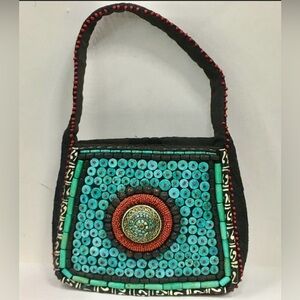 RETRO Handmade Tibetan Handbag, Turquoise and Coral, Pre-loved, EUC